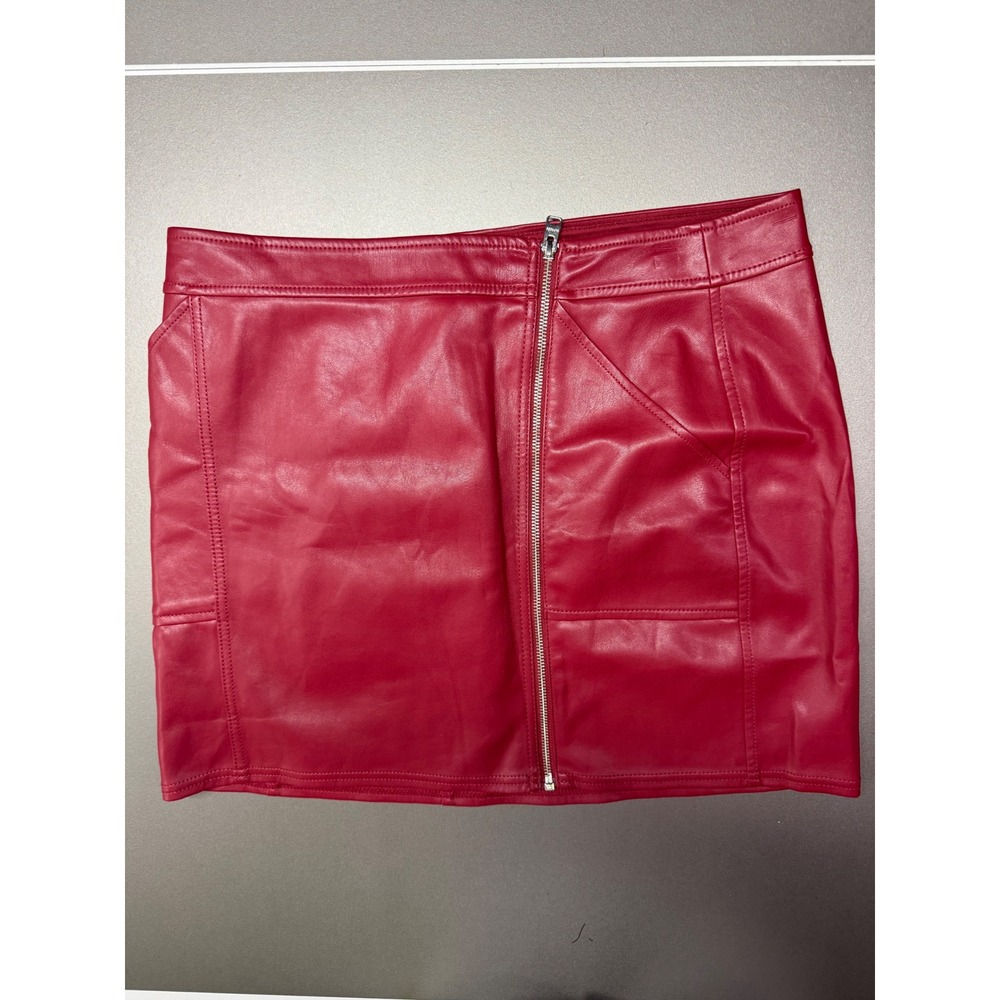 Express Red Faux Leather Mini Skirt Front Zip Moto Pockets Size 14 holiday party